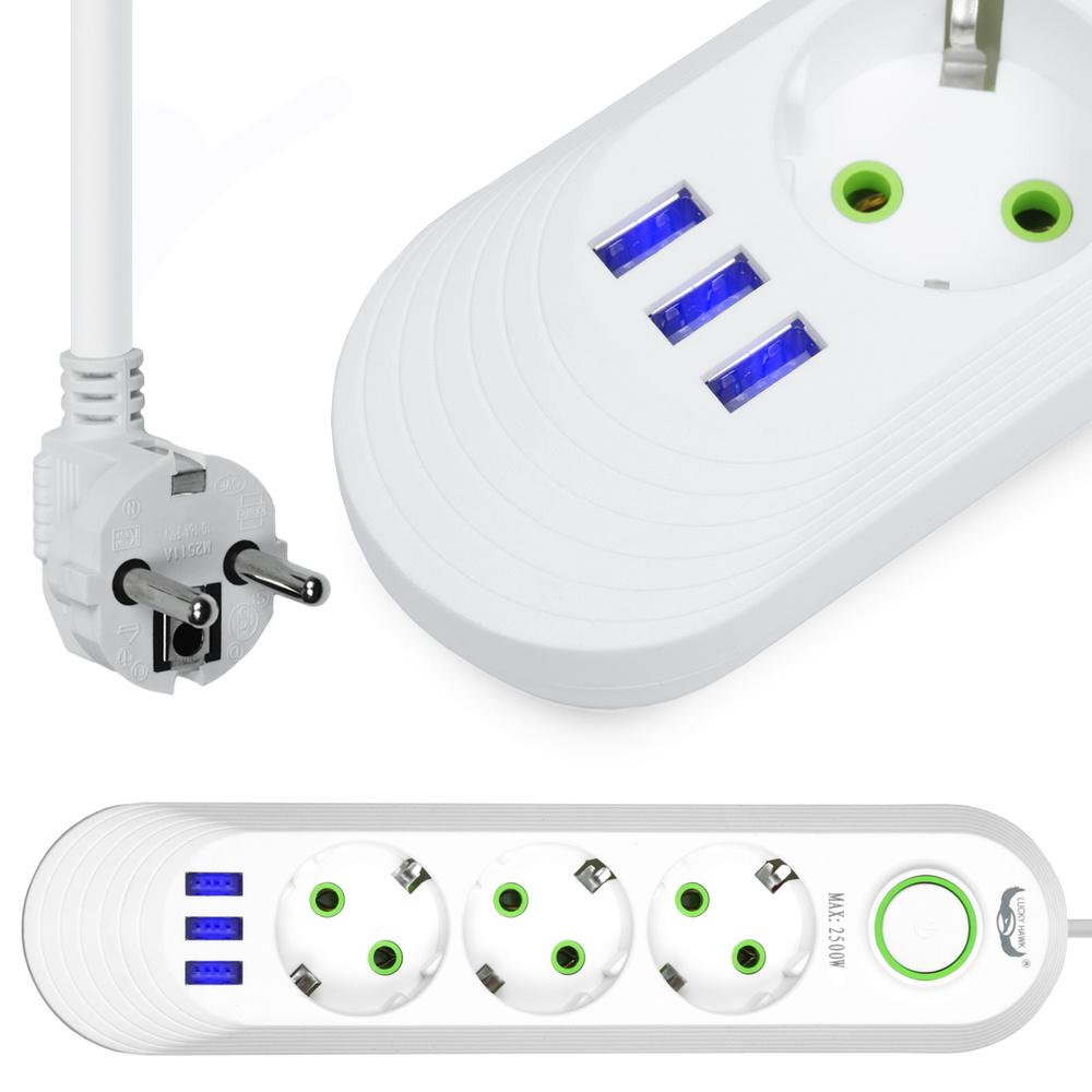 LED21 Prodlužovací SMART kabel - šňůra 2m se 3 síťovými a 3 USB zásuvkami, vypínač, bílý